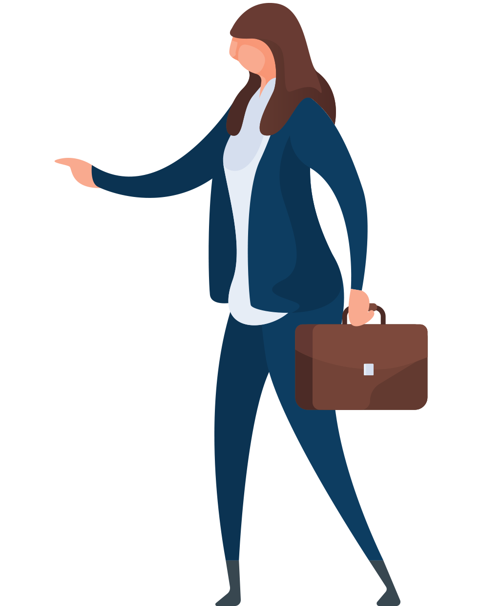 Illustration einer Geschäftsfrau mit einer Arbeitstasche in der Hand.